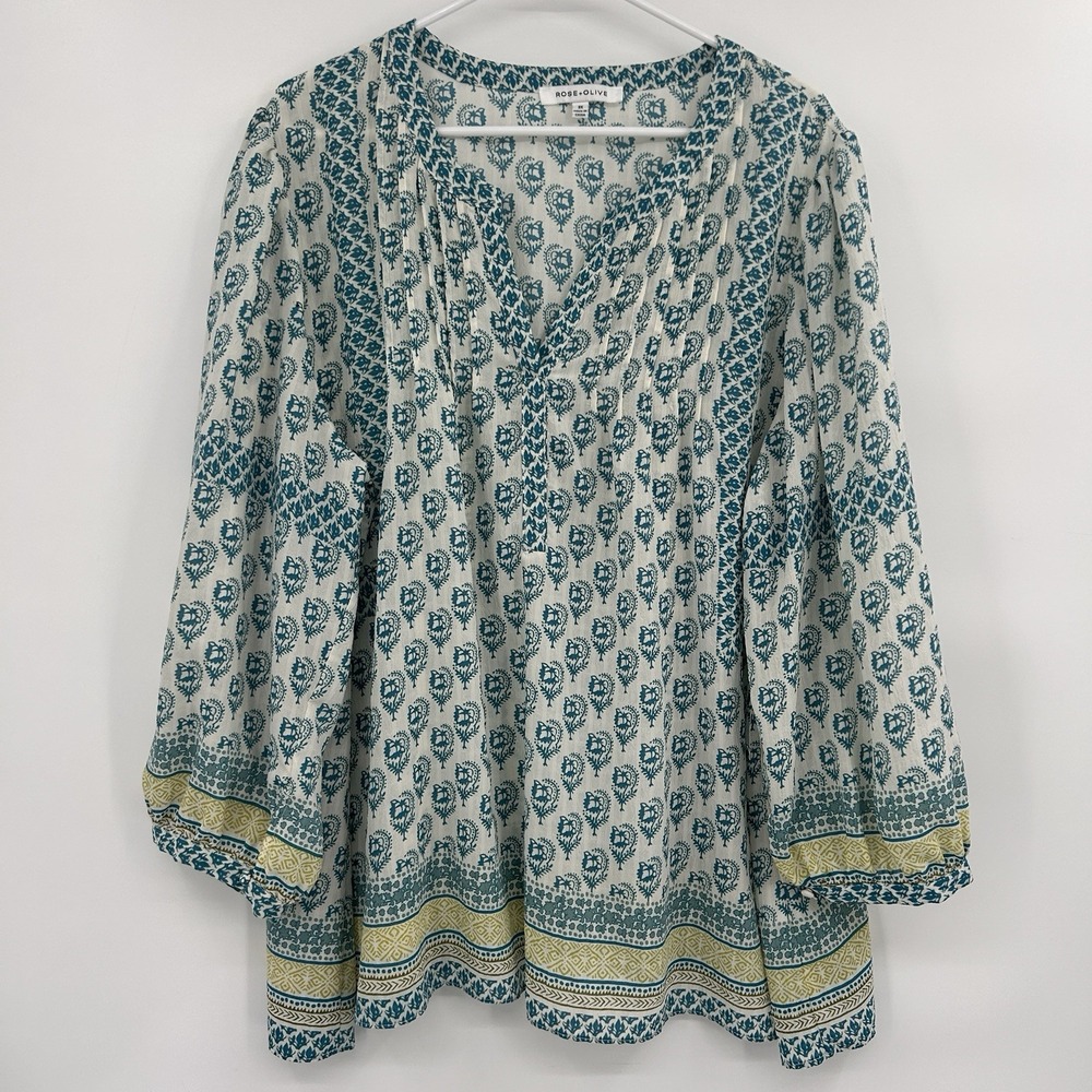 Rose + Olive Womens Popover Top Size 3X Turquoise Boho Flowy Artsy 3/4 Sleeve